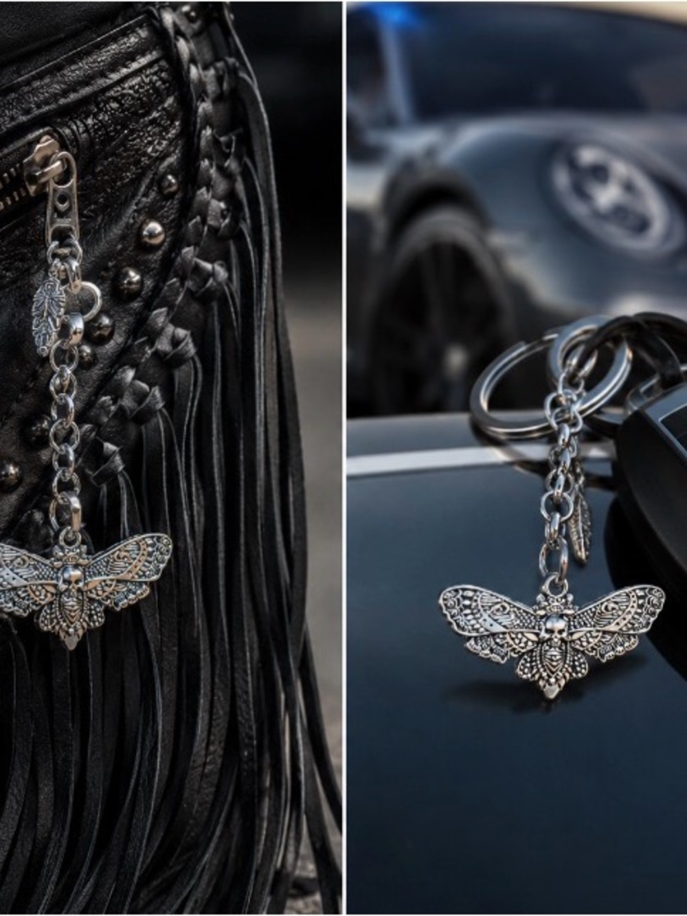 Hand Crafted Stainless Steel Moth Skull Charm Keychain